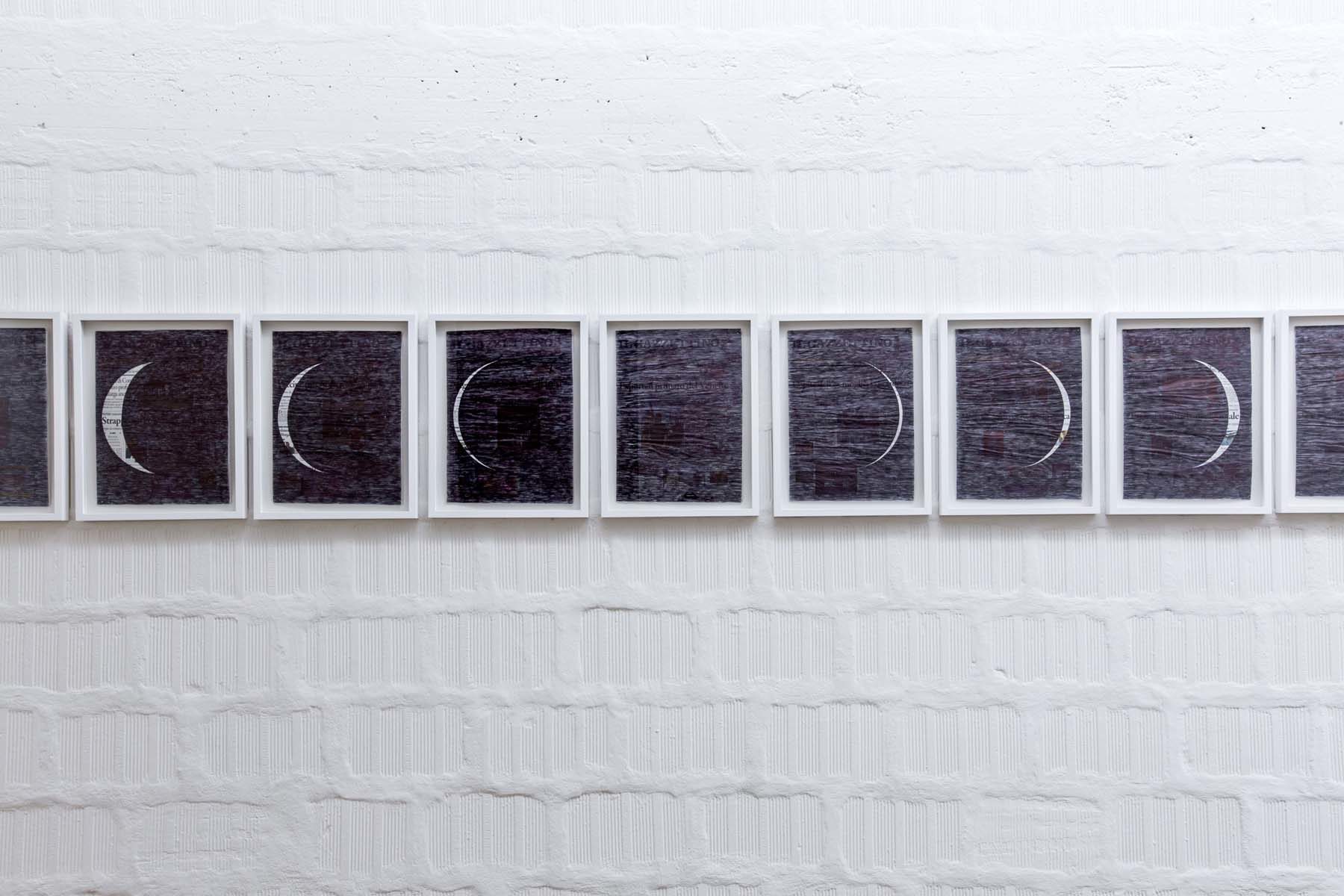 Marco Godinho, Lunar Cycle (9 July – 6 August 2017), 2017, black ballpoint on Il Gazzettino newspaper, 29 elements, 38 x 28 cm each