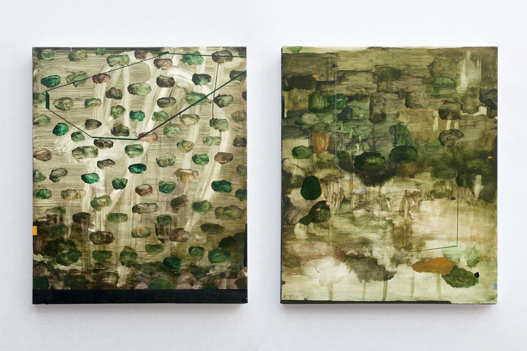 Mirko Baricchi, Selva #11 and #12, 2018, oil on canvas, 60 x 50 cm each