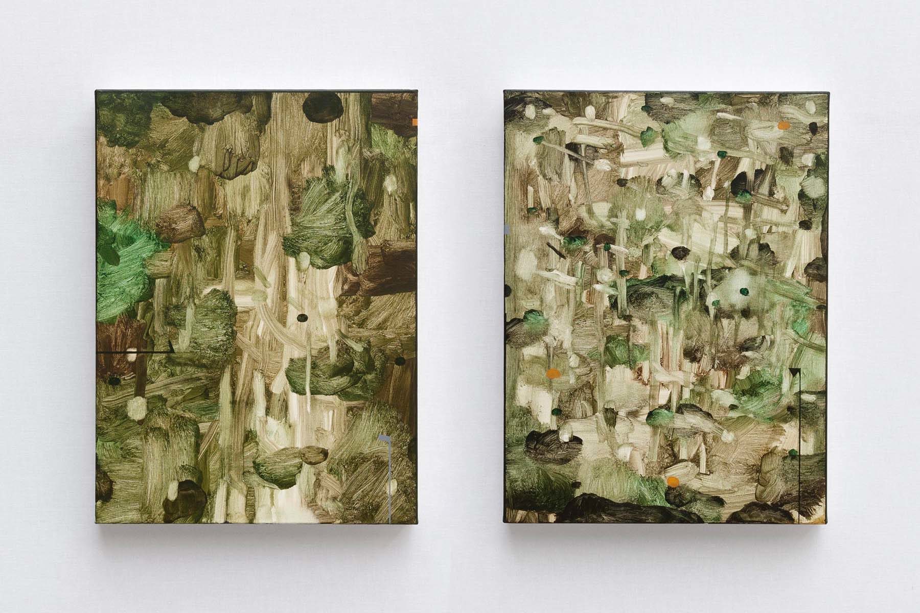 Mirko Baricchi, Selva #16 and #17, 2018, oil on canvas, 40 x 80 cm each