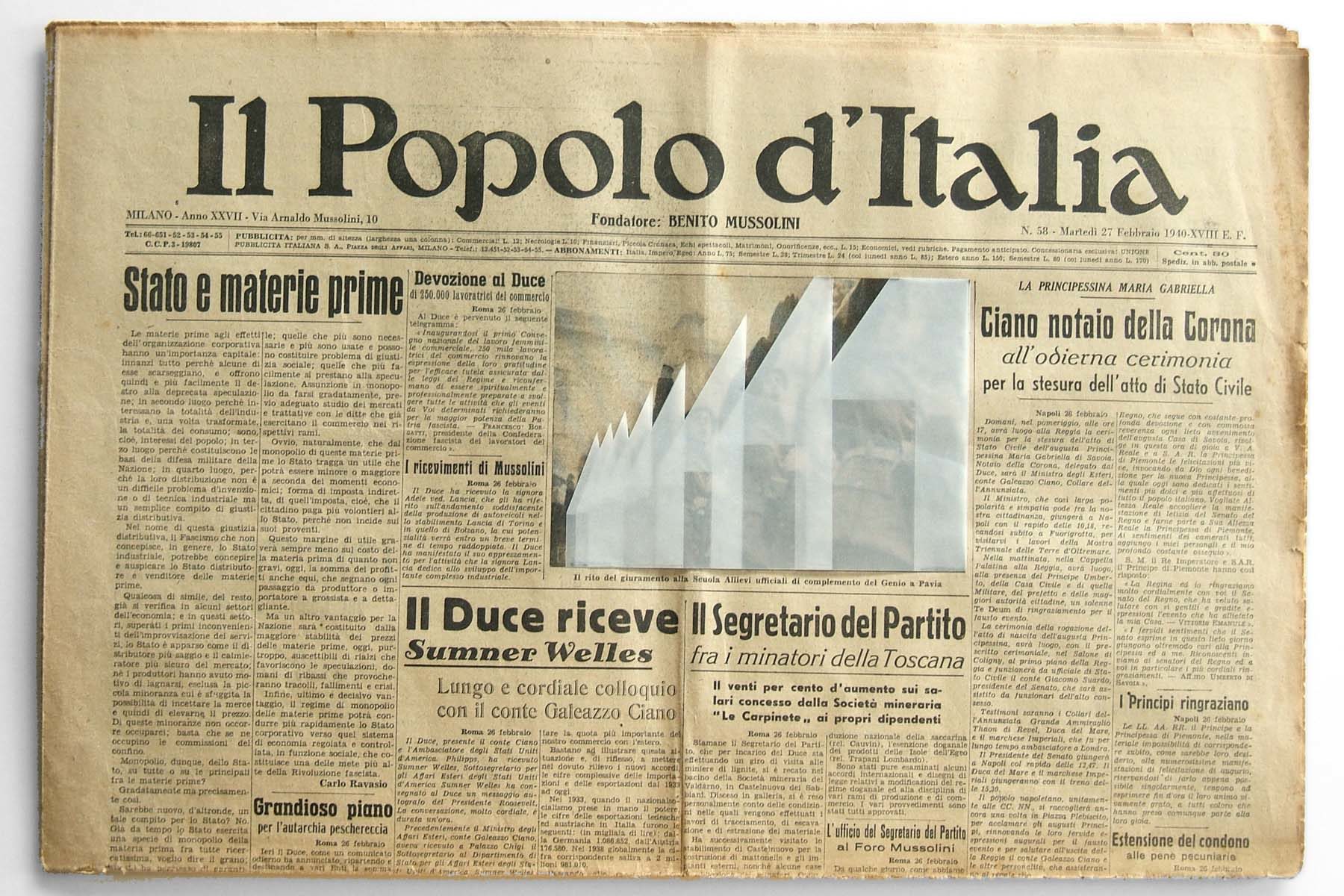 G. Morbin, Il Popolo d’Italia, 2007, collage on vintage newspaper, 33 x 47 cm