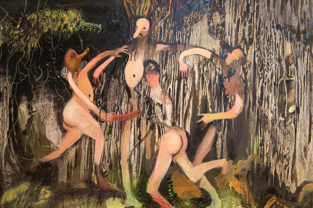 Chiara Calore, Eden #1 (det.), 2021, pigment, oil, tempera and spray on canvas, 180 x 296 cm, ph. Studio Mion