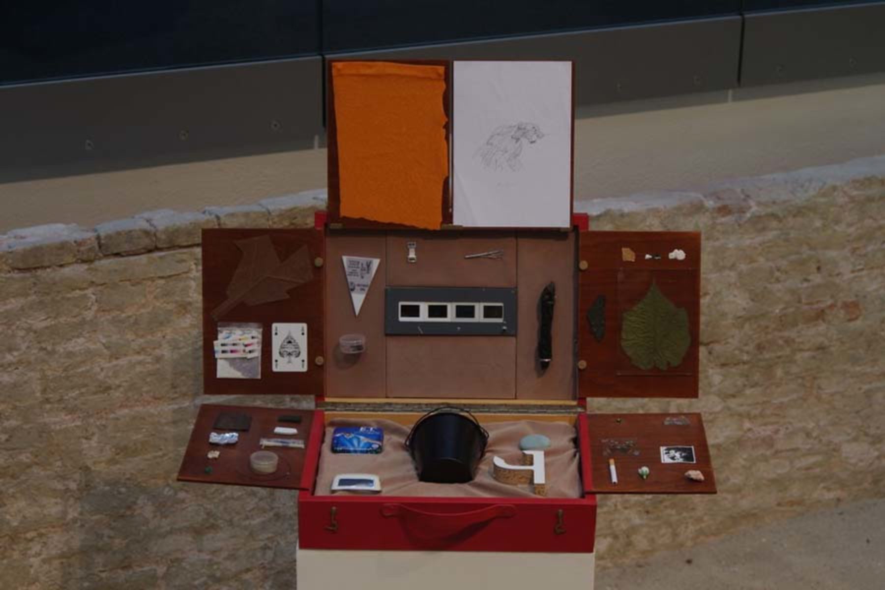 Ivan Moudov, Fragments #5, 2002-10, hand-made suitcase, stolen fragments from artworks