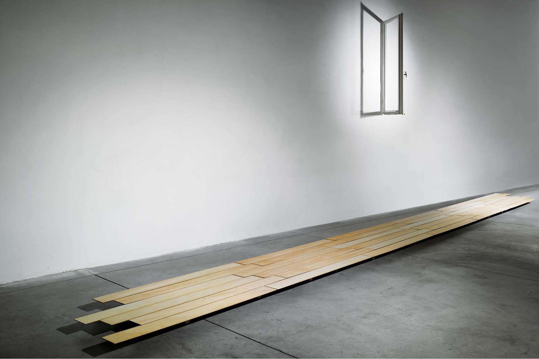 Jacopo Mazzonelli, (I play) lonely everyday, 2010, wood floor, window, sound system, viariable dimensions