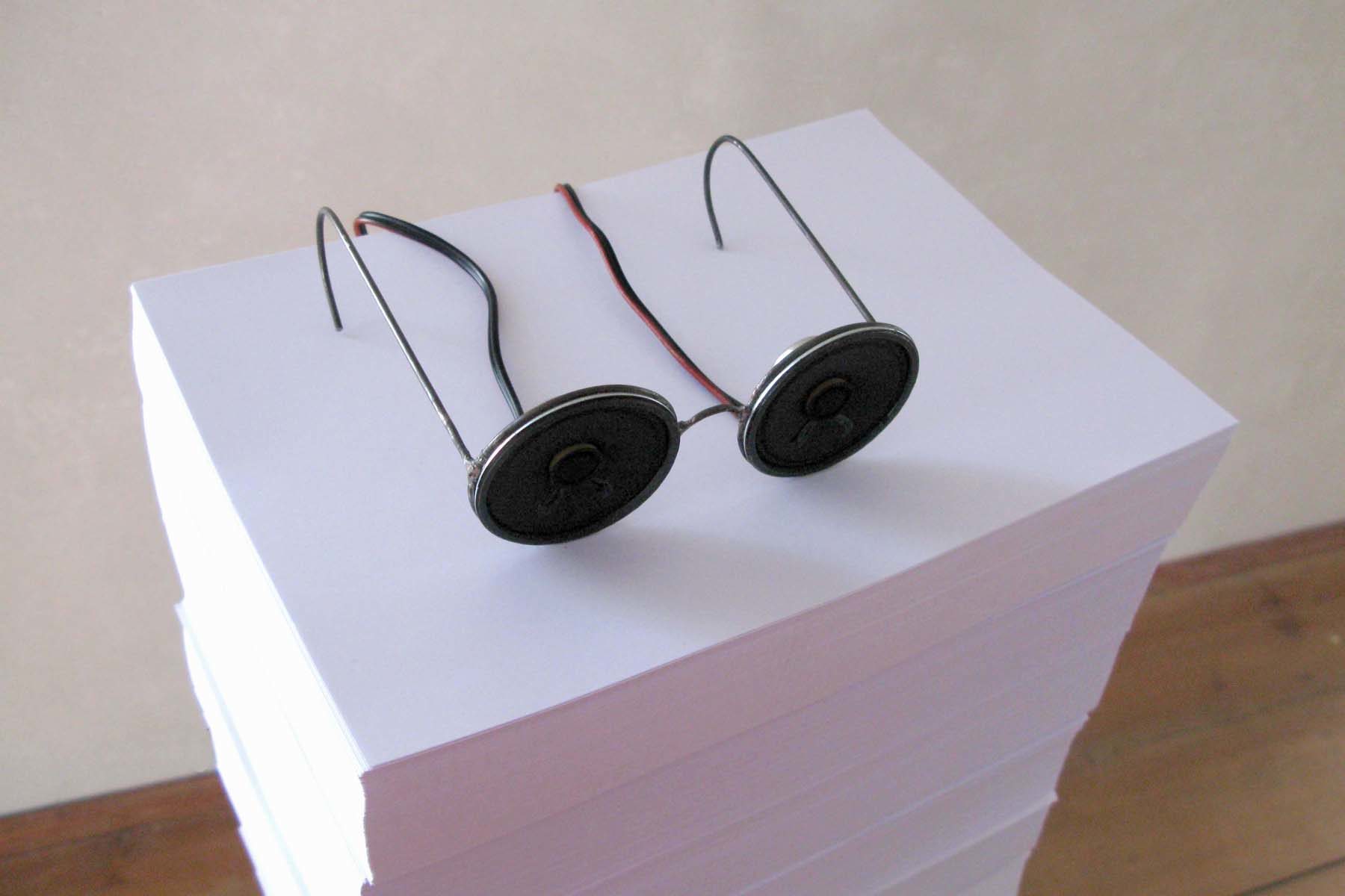 Jacopo Mazzonelli, Words, 2010, metal, loudspeakers, stereo set,  paper