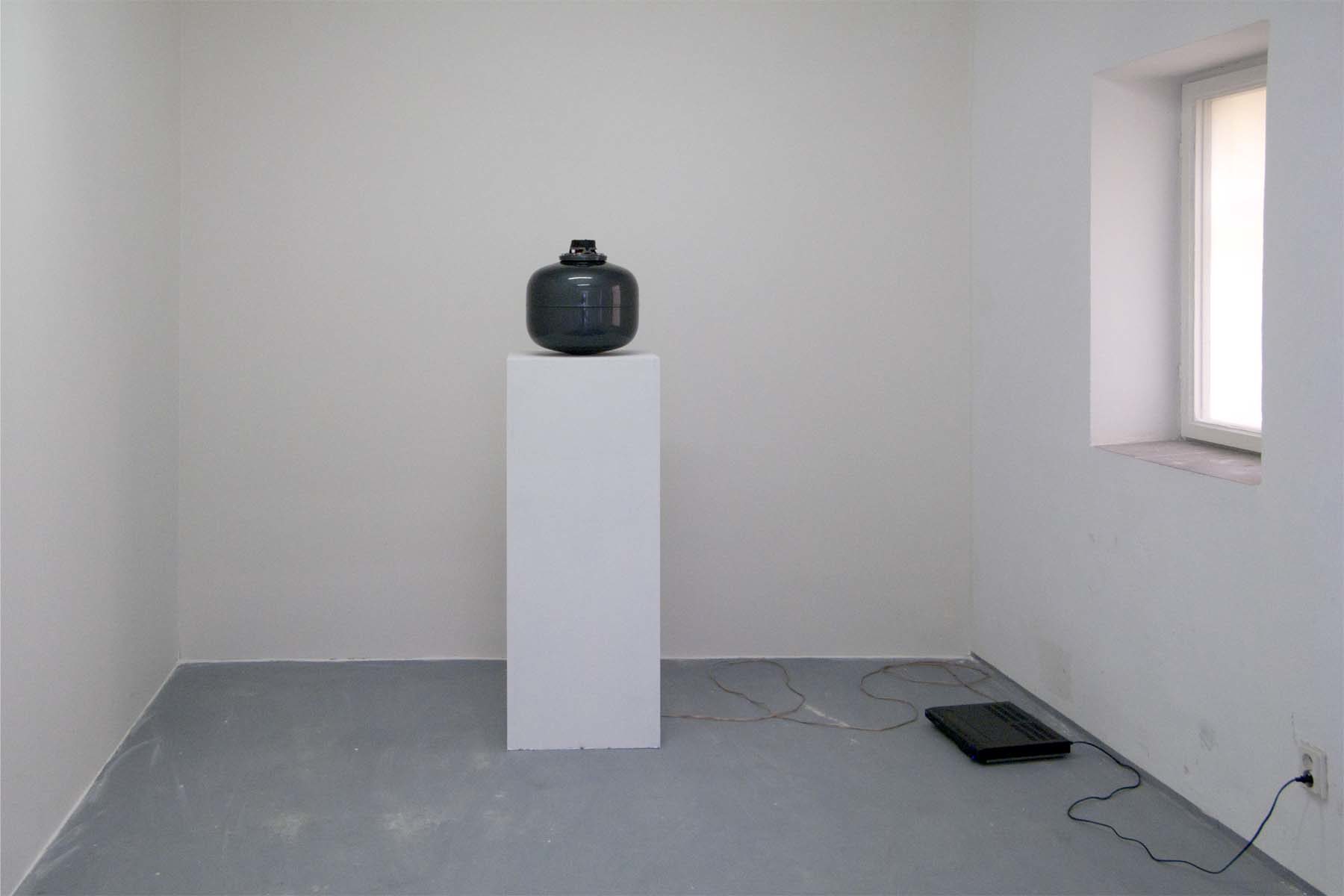 M. Spanghero, 1-10.000, 2010, metal tank, alluminium, speaker, cd player, 34 x 34 x 38 cm